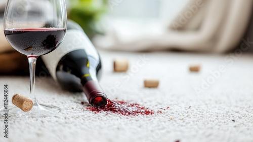 A partially filled glass of red wine has tipped over, spilling onto a white carpet, with a wine bottle lying nearby and several corks scattered around.