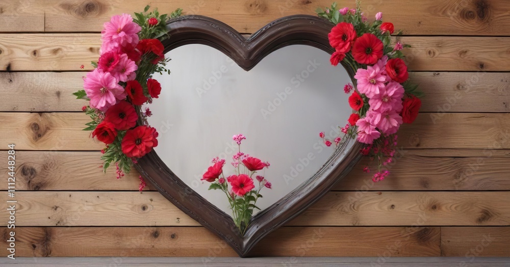 Fototapeta premium A Heart-Shaped Mirror on a Wooden Wall with Red and Pink Flowers, heart-shaped mirror, beautiful