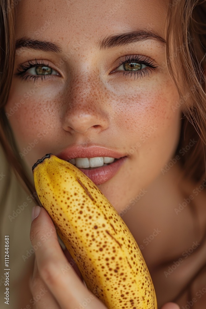 A stunning woman captured in a close-up shot, gently biting into a banana, her expression relaxed, with warm lighting enhancing the details of her face A stunning woman captured in a close-up shot, gently biting into a banana, her expression relaxed, with warm lighting enhancing the details of her face
