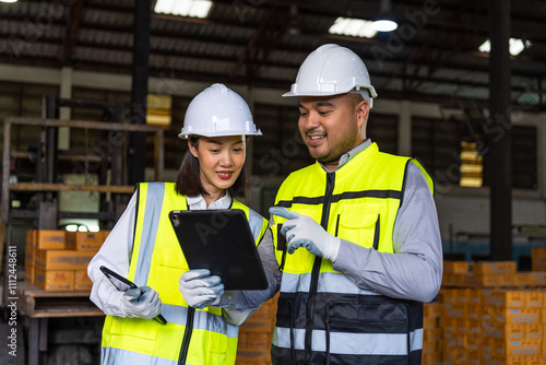 Professional engineer and technician wearing safety helmet analyzing meeting with tablet in factory warehouse. Confident factory workers group inspection industry factory. Teamwork concept.