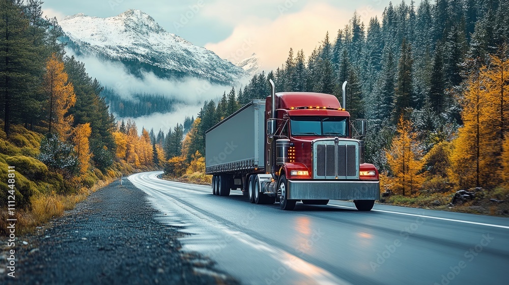 Freight semi truck driving and transporting goods on empty highway Freight semi truck driving and transporting goods on empty highway