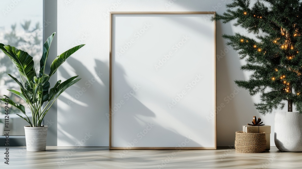 A bright and spacious room captures the festive spirit with a decorated Christmas tree and an inviting blank canvas, offering a balance of creativity and holiday cheer. A bright and spacious room captures the festive spirit with a decorated Christmas tree and an inviting blank canvas, offering a balance of creativity and holiday cheer.