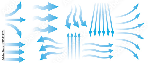 Air flow. Blue arrows showing direction of air movement. Wind direction arrows. Ventilation home fresh, hot or cold from fan or air conditioner wind direction.