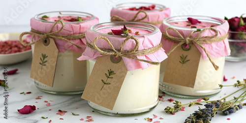 Handmade candles with pink decor and floral elements photo