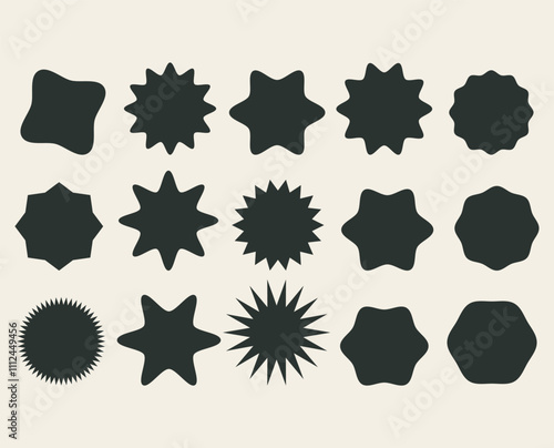 Set of black price Circle sticker, sale or discount sticker, sunburst badges icon. Stars shape with different number of rays. Special offer price tag. Black starburst promotional badge set, shopping l