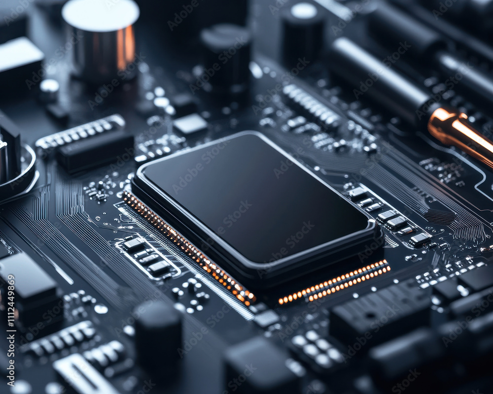Close-up of a modern computer motherboard featuring a sleek, black microprocessor and intricate circuit design. Close-up of a modern computer motherboard featuring a sleek, black microprocessor and intricate circuit design.