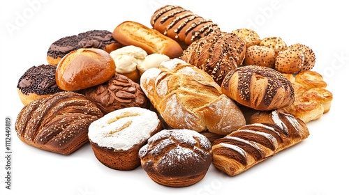 Assorted delicious baked goods on a white isolated background.