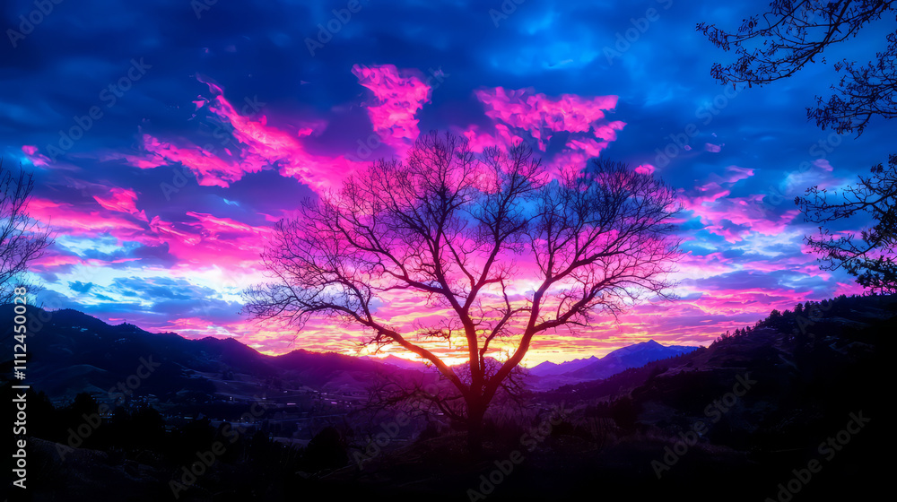 Stunning sunset with vibrant colors over mountains and tree silhouette Stunning sunset with vibrant colors over mountains and tree silhouette