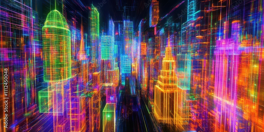 Fototapeta premium A glowing holographic cityscape with neon data streams and skyscrapers.