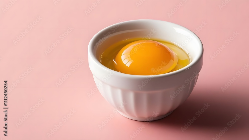 Vibrant egg yolk in a pristine white bowl, set against a soft pink backdrop. Freshness personified! Vibrant egg yolk in a pristine white bowl, set against a soft pink backdrop. Freshness personified!