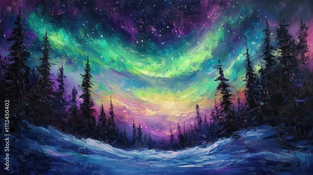Stunning Aurora Borealis Over Snowy Forest Landscape with Vibrant Colors and Starry Night Sky in Winter Wonderland Stunning Aurora Borealis Over Snowy Forest Landscape with Vibrant Colors and Starry Night Sky in Winter Wonderland