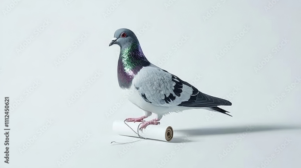 Fototapeta premium A pigeon perched on a clean white surface with a small rolled letter tied to its leg, sharp focus, minimalistic and crisp design 