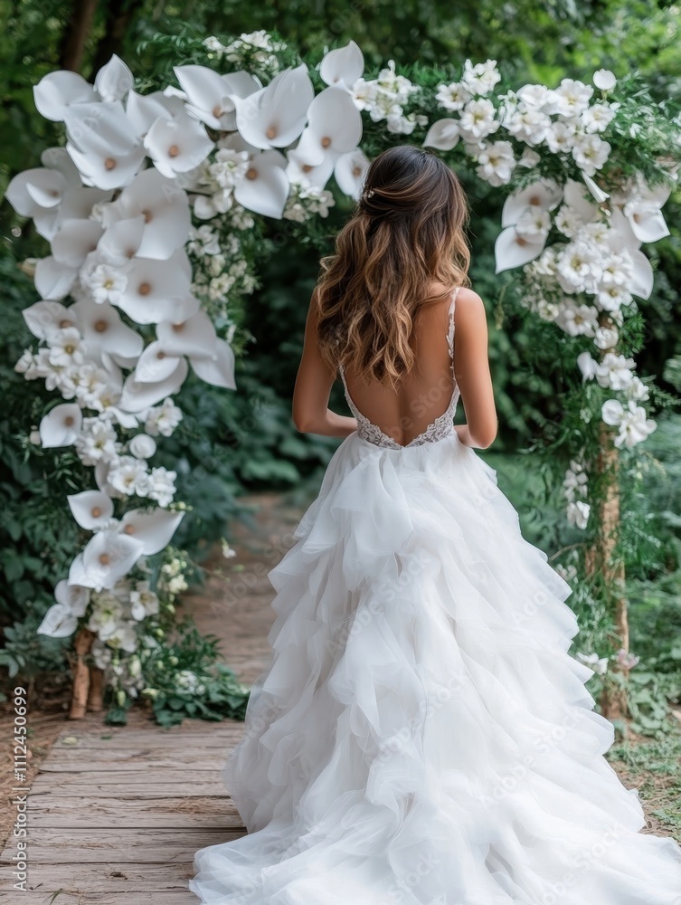 A bride stands gracefully in a ruffled white gown with a low back, posing in front of a lush floral arch, surrounded by greenery, exemplifying elegance and romance. A bride stands gracefully in a ruffled white gown with a low back, posing in front of a lush floral arch, surrounded by greenery, exemplifying elegance and romance.
