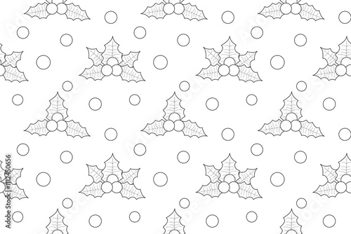 Black and white seamless pattern of holly leaves, berries, and circles, ideal for Christmas or winter coloring pages