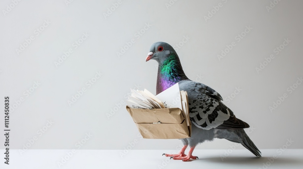 Obraz premium A pigeon with a small satchel containing letters, standing on a clean white background, modern and playful design 