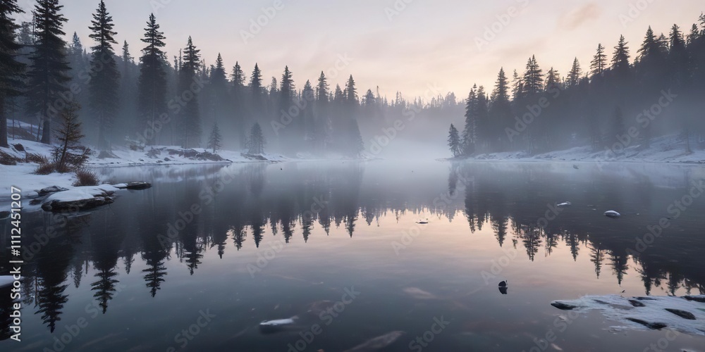 A serene snowy lake at dawn, with mist rising from the water's surface, snowy lake, calm atmosphere, frozen lake A serene snowy lake at dawn, with mist rising from the water's surface, snowy lake, calm atmosphere, frozen lake