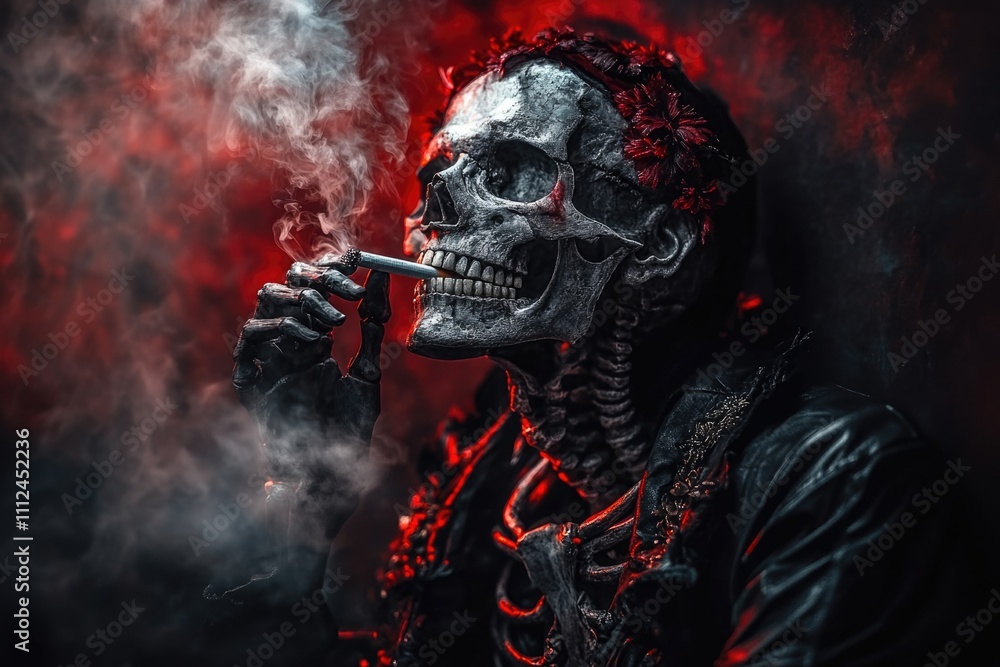 A human skeleton casually smoking a cigarette, black and red colors, with smoke swirling around A human skeleton casually smoking a cigarette, black and red colors, with smoke swirling around
