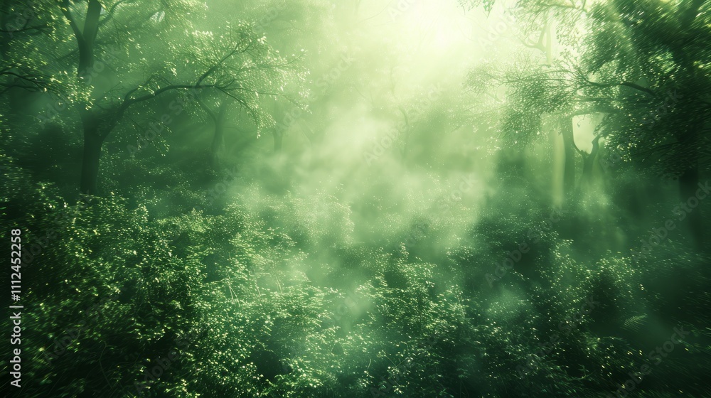 Mystical fog-filled forest with sunlight streaming through the canopy. Mystical fog-filled forest with sunlight streaming through the canopy.