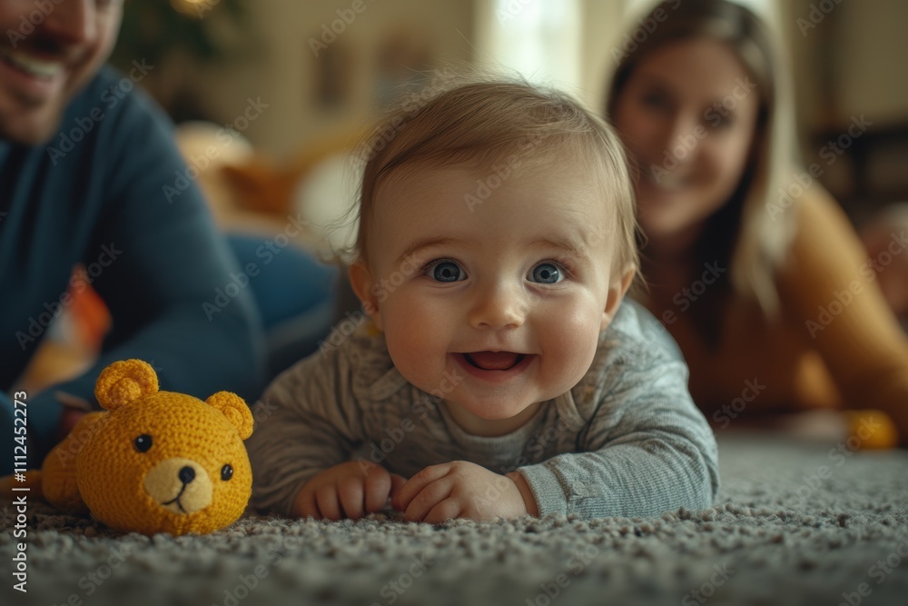 A joyful baby smiles while playing with a toy, surrounded by family. A joyful baby smiles while playing with a toy, surrounded by family.