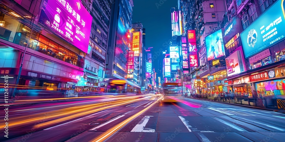 Vibrant city street at night, illuminated by neon signs and moving vehicles. Dynamic urban scene with bright lights and bustling energy. Vibrant city street at night, illuminated by neon signs and moving vehicles. Dynamic urban scene with bright lights and bustling energy.