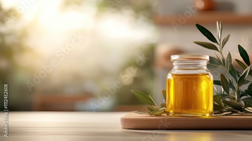 A rustic glass jar filled with golden olive oil sits on a wooden cutting board in a sunny kitchen, symbolizing a warm and healthy culinary lifestyle choice. photo