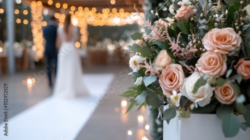 A beautiful wedding setting with a blurred bride and groom walking down a white aisle, surrounded by elegant floral arrangements and twinkling lights.