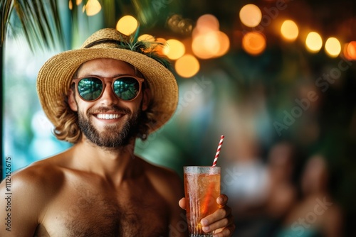 Fit model man with a straw hat and pink sunglasses hold coctail a studio background, fuill body, vibrant swimming suit photo