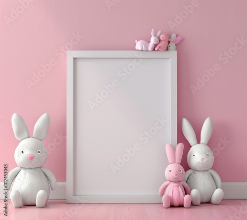 White frame mockup with bunny toys on pink background photo