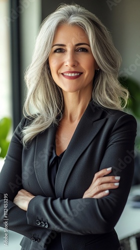 Professional portrait of confident mature businesswoman with striking silver hair wearing black blazer, arms crossed, radiating success and leadership in office setting.