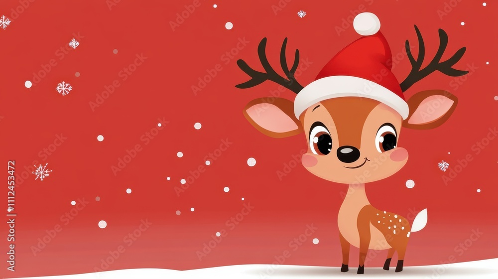A cartoon reindeer stands proudly with a Santa hat, surrounded by falling snowflakes on a red background, capturing the essence of festive anticipation and delight. A cartoon reindeer stands proudly with a Santa hat, surrounded by falling snowflakes on a red background, capturing the essence of festive anticipation and delight.