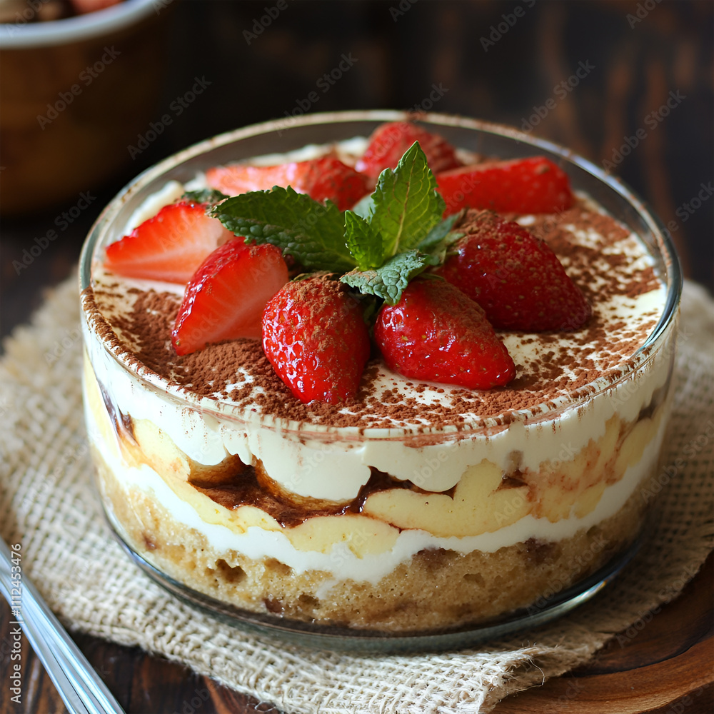 Tiramisu with strawberries from a glass plate.