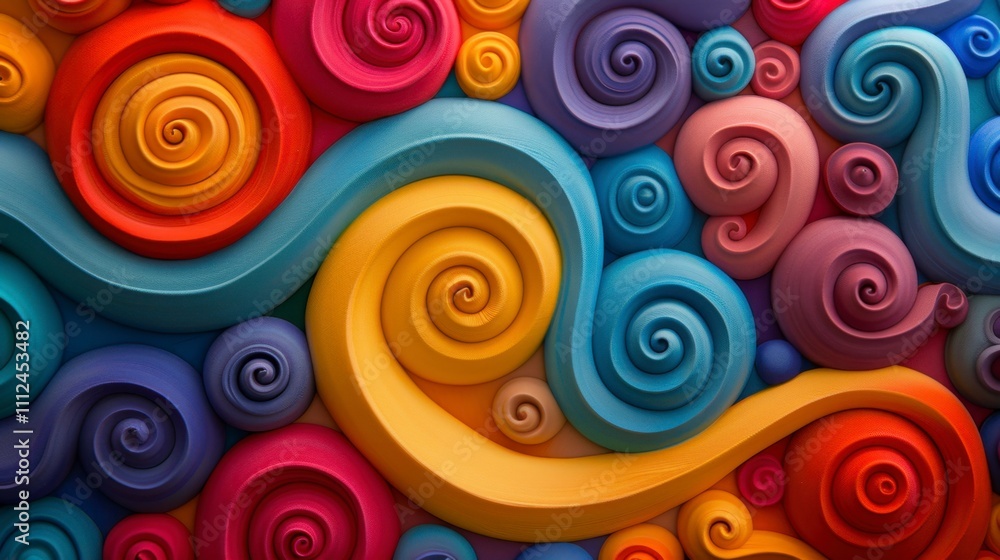 A playful clay pattern with bold, swirling colors and a tactile, 3D effect, perfect for a lively abstract background