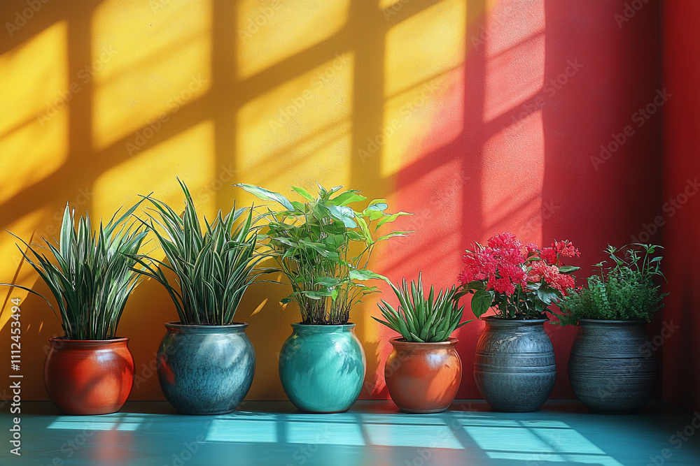 Fototapeta premium Vibrant potted plants bask in sunlight against a colorful wall