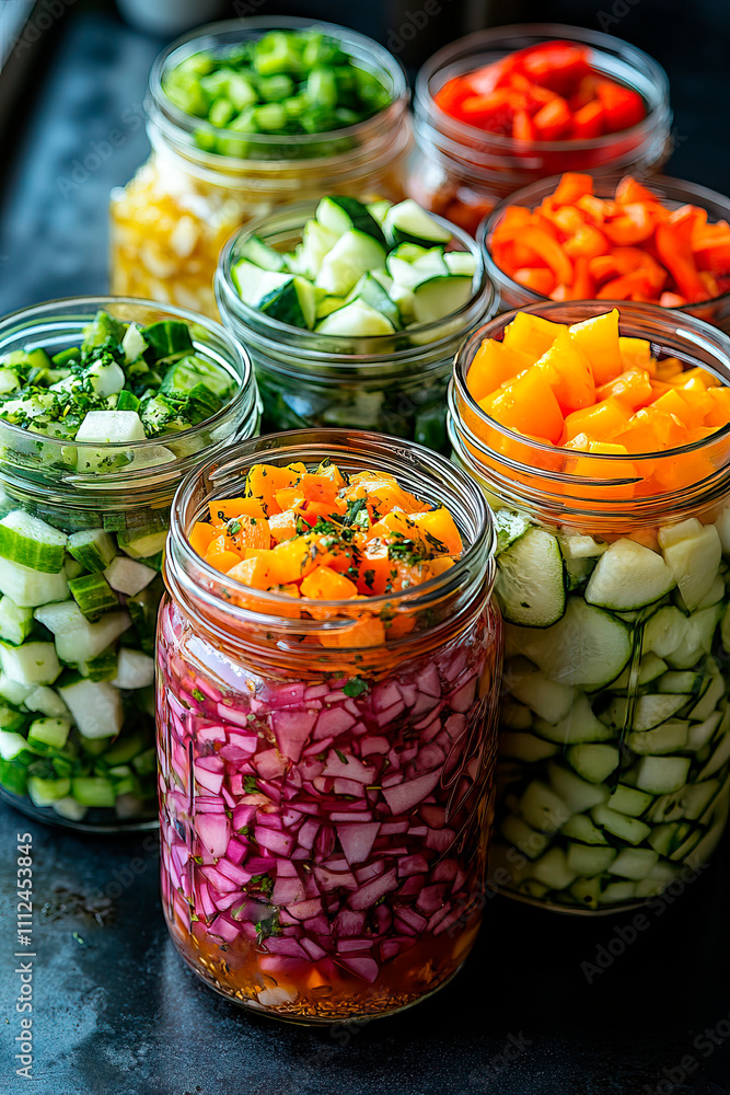 A row of vibrant jars filled with a variety of pickled fermented vegetables, showcasing a rainbow of preserved produce. A row of vibrant jars filled with a variety of pickled fermented vegetables, showcasing a rainbow of preserved produce.