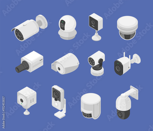 Isometric security camera. Face recognition technologies, street outdoor surveillance cameras. Cctv digital tools for protection, flawless vector set
