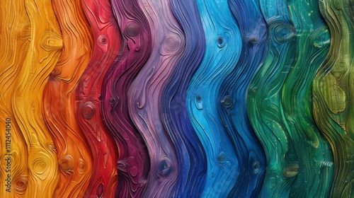 A rainbow-inspired wood grain pattern with fluid, wavy lines in vibrant colors, forming a playful abstract background photo