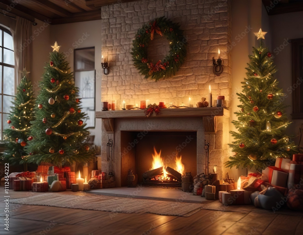 A cozy and inviting Christmas scene with a warm fireplace and festive decorations, Inviting Space, Cozy Ambiance A cozy and inviting Christmas scene with a warm fireplace and festive decorations, Inviting Space, Cozy Ambiance