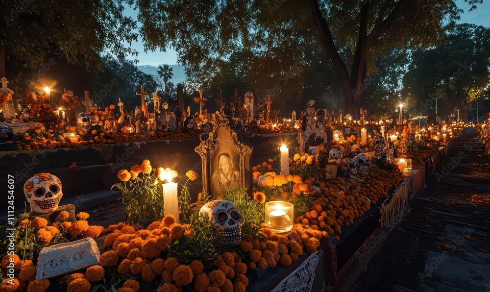 A vibrant Day of the Dead altar adorned with marigolds and candles. A vibrant Day of the Dead altar adorned with marigolds and candles.