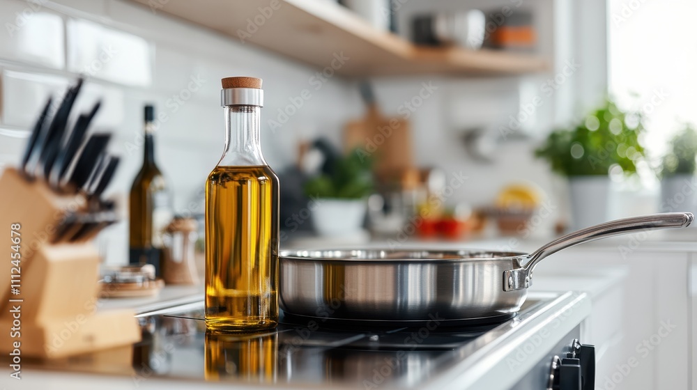 A modern kitchen setup featuring a glass bottle of olive oil next to a stainless steel frying pan on a stovetop, with blurred backgrounds suggesting a cozy atmosphere. A modern kitchen setup featuring a glass bottle of olive oil next to a stainless steel frying pan on a stovetop, with blurred backgrounds suggesting a cozy atmosphere.