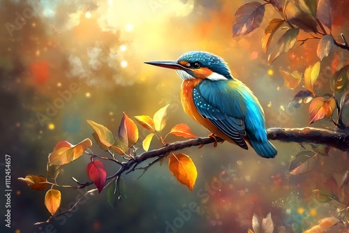 Colorful Kingfisher Perched on an Apple Tree Branch in Autumn with Vibrant Fall Leaves