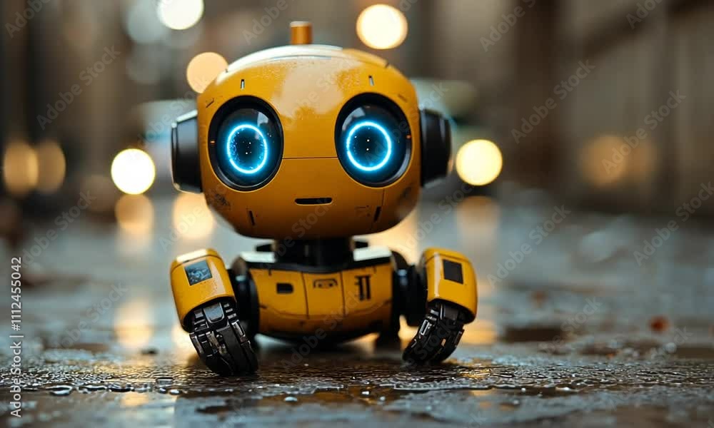 A cute yellow robot with glowing blue eyes in a dimly lit, wet alleyway. A cute yellow robot with glowing blue eyes in a dimly lit, wet alleyway.