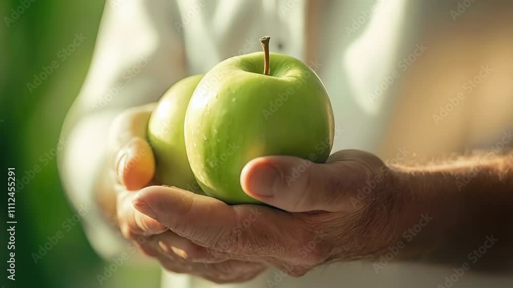 Close up shot of green apples holding by a person. Unrecognizable people Close up shot of green apples holding by a person. Unrecognizable people