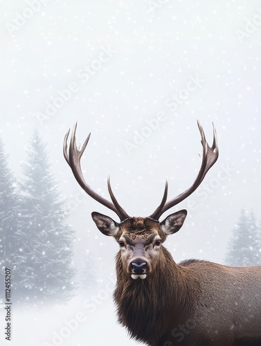 A reindeer stands majestically in a central pose amidst a minimalistic snowy backdrop, with falling snowflakes enhancing the peaceful, natural atmosphere.