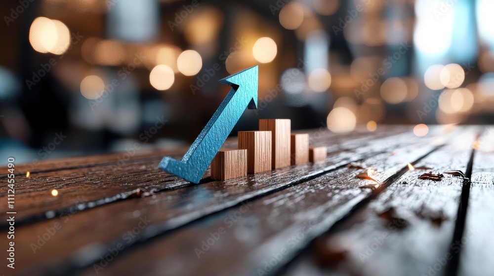 Illustrates success and steady growth with a stylized blue arrow rising over a wooden block staircase; symbolizes effort, upward mobility, and gradual progress. Illustrates success and steady growth with a stylized blue arrow rising over a wooden block staircase; symbolizes effort, upward mobility, and gradual progress.