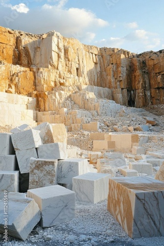 A marble quarry with large blocks of stone and rugged terrain. photo