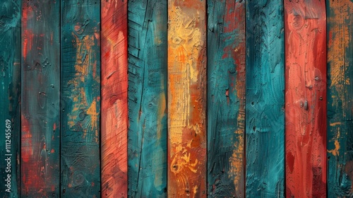 A rustic wood texture with vibrant colors, blending shades of teal, coral, and mustard in an artistic pattern