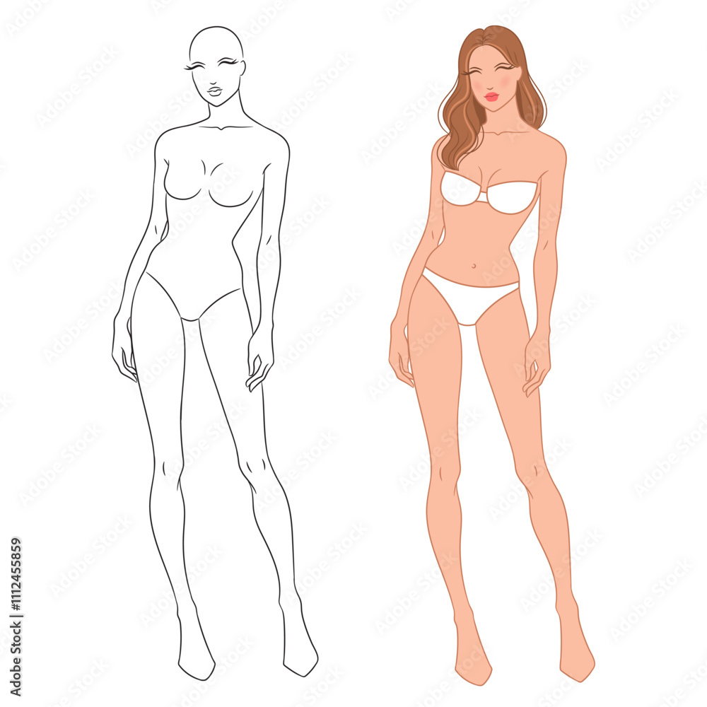 Eight-head fashion figure template. The female fashion croquis. Vector illustration of a young woman wearing lingerie, isolated on a white background. Eight-head fashion figure template. The female fashion croquis. Vector illustration of a young woman wearing lingerie, isolated on a white background.