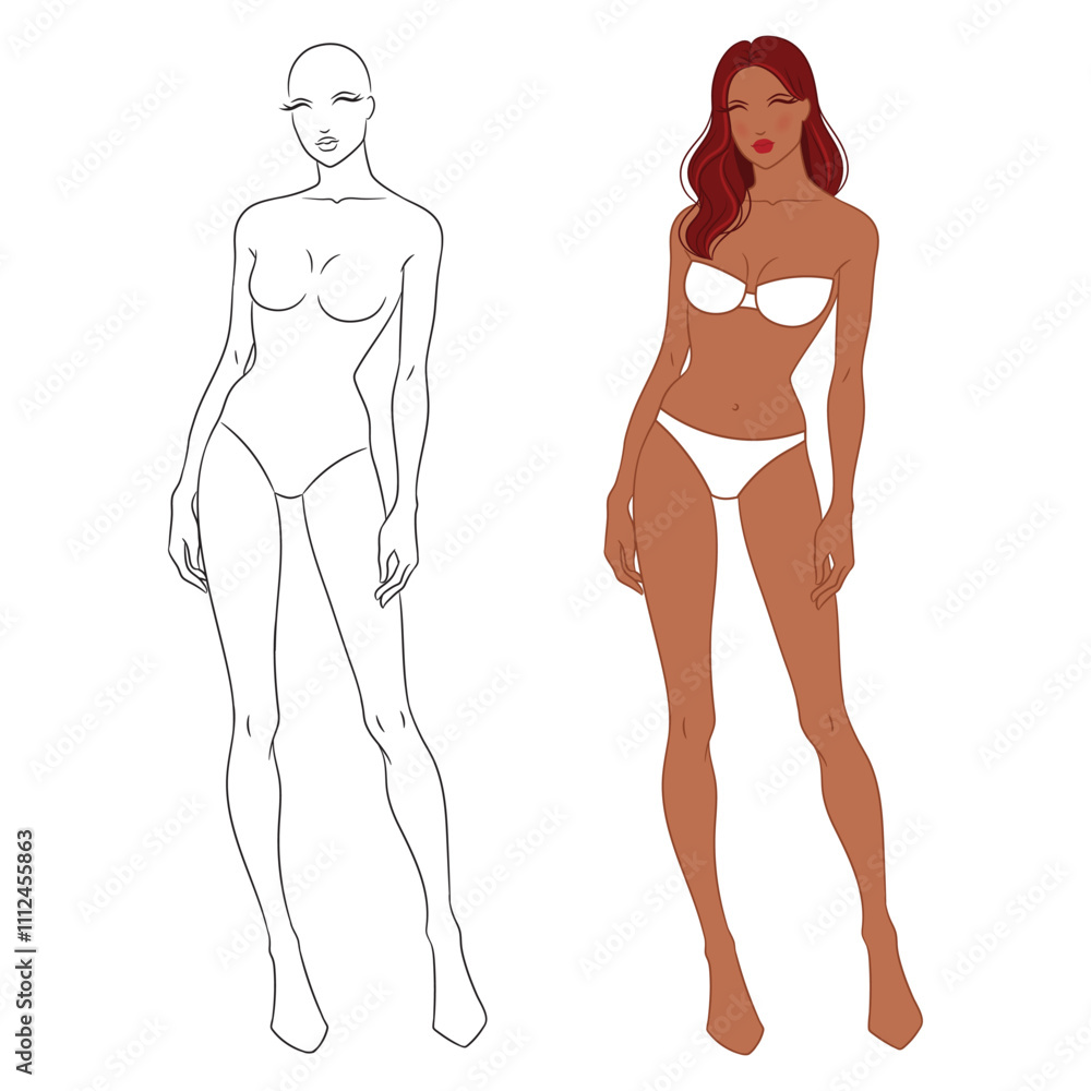 Eight-head fashion figure template. The female fashion croquis. Vector illustration of a young woman wearing lingerie, isolated on a white background. Eight-head fashion figure template. The female fashion croquis. Vector illustration of a young woman wearing lingerie, isolated on a white background.