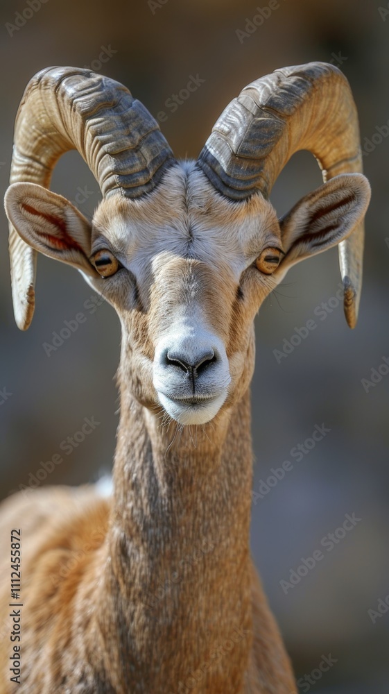 Wild ram with impressive curved horns in natural habitat during sunny day Wild ram with impressive curved horns in natural habitat during sunny day