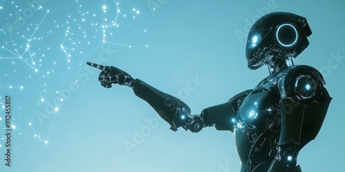 A robot pointing toward glowing constellations, illuminated by subtle studio lights, with a soft blue gradient backdrop. photo